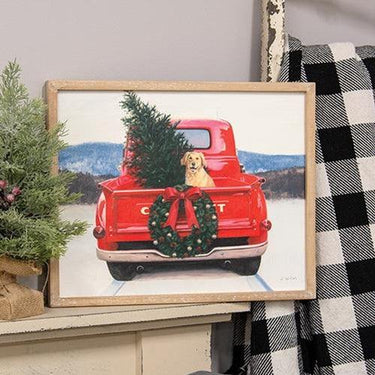 Golden Dog in Christmas Truck Wood Sign - The Fox Decor